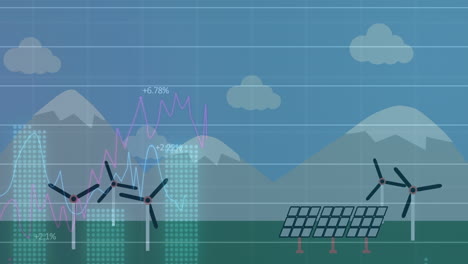 animation of financial data processing over wind turbines and solar panels