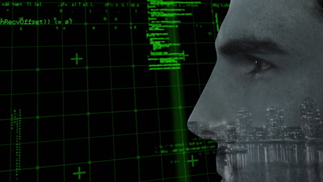animación de la cara del hombre caucásico sobre el procesamiento de datos en fondo negro