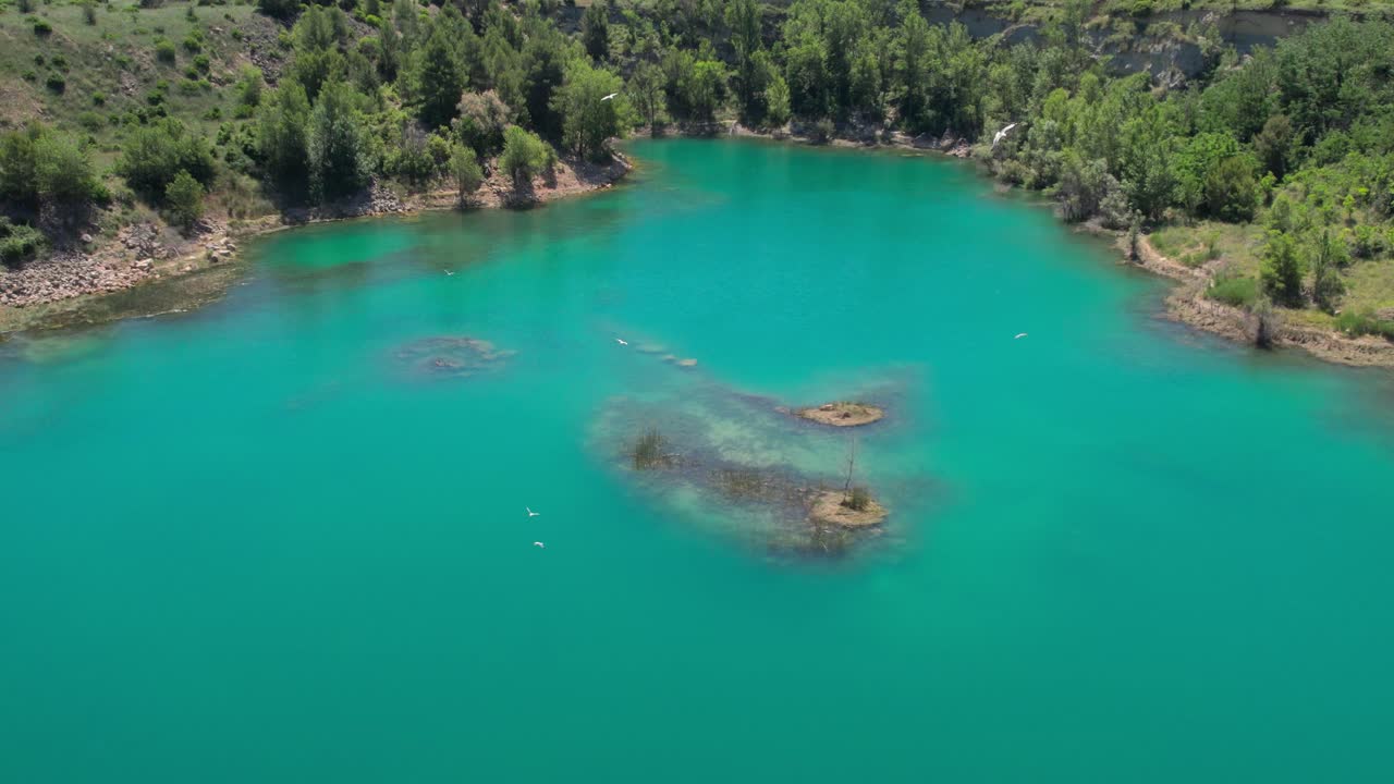 toma aérea sobre el vibrante lago azul con pájaros volando sobre montpellier, francia