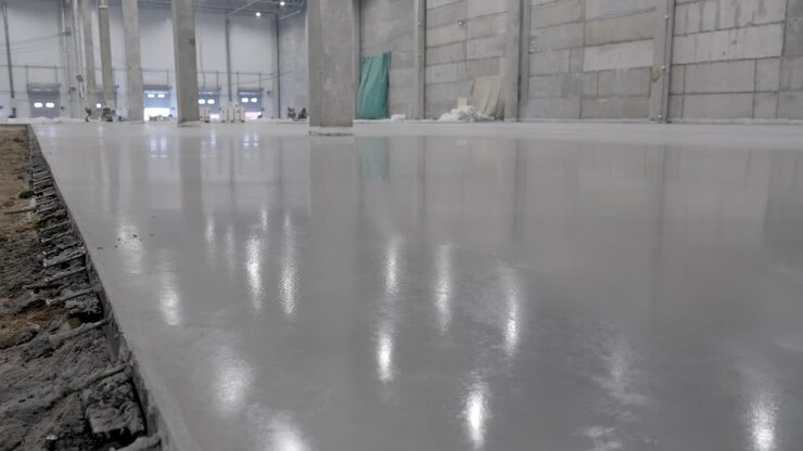 Newly poured concrete floor in a warehouse or industrial building under construction