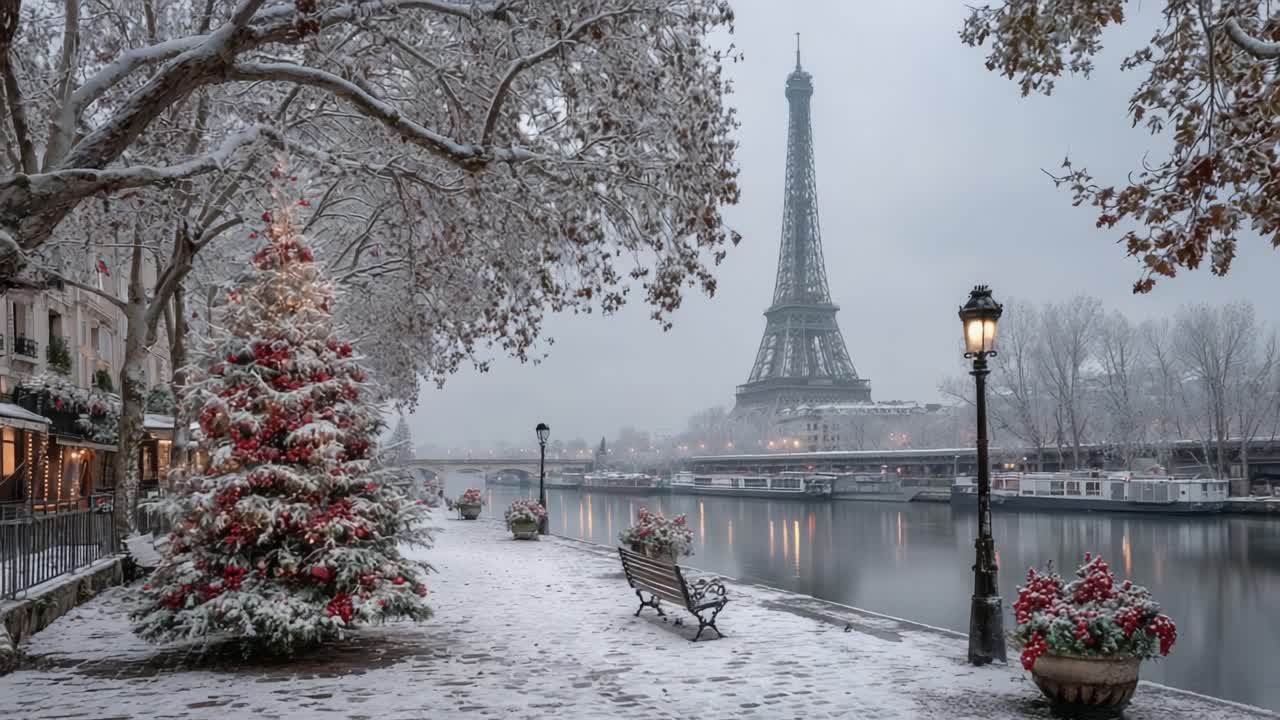 Incantevole paesaggio invernale: una scena serena della Torre Eiffel tra alberi innevati e decorazioni festive lungo la riva del fiume