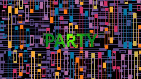animation of party text over colourful shapes on black background
