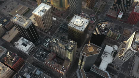 Birds-Eye-Aerial-View-of-Downtown-Denver,-Colorado-USA,-Skyscrapers-and-Central-Financial-District,-Cinematic-Drone-Shot