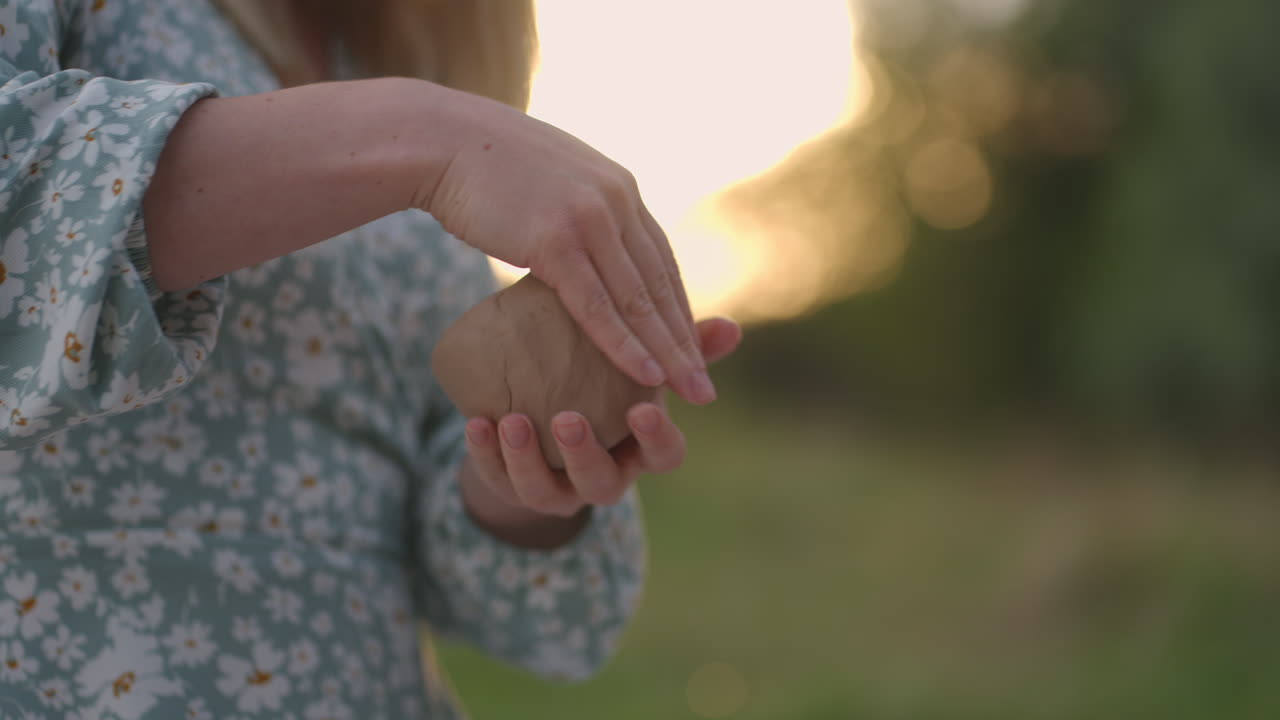 Women's hands are close-up molded from clay in nature outdoors in the park in the evening at sunset.