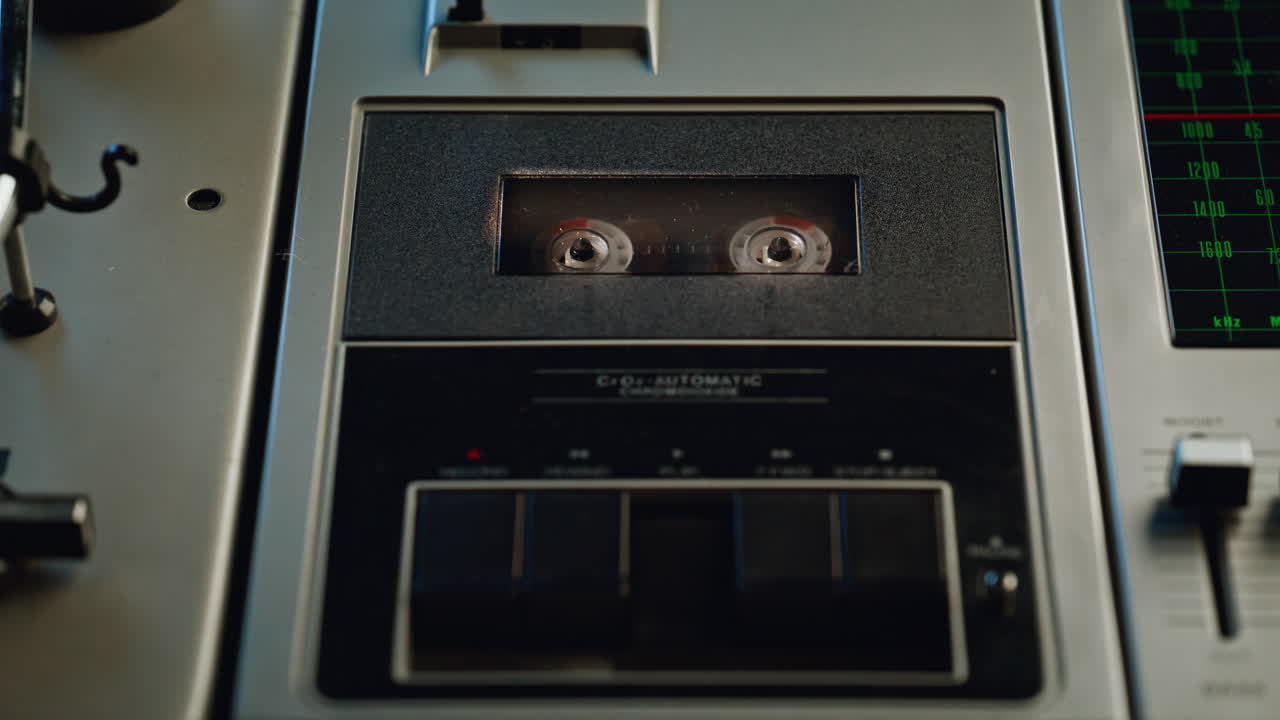 Hands loading cassette vintage audio recorder closeup. Unrecognizable listener