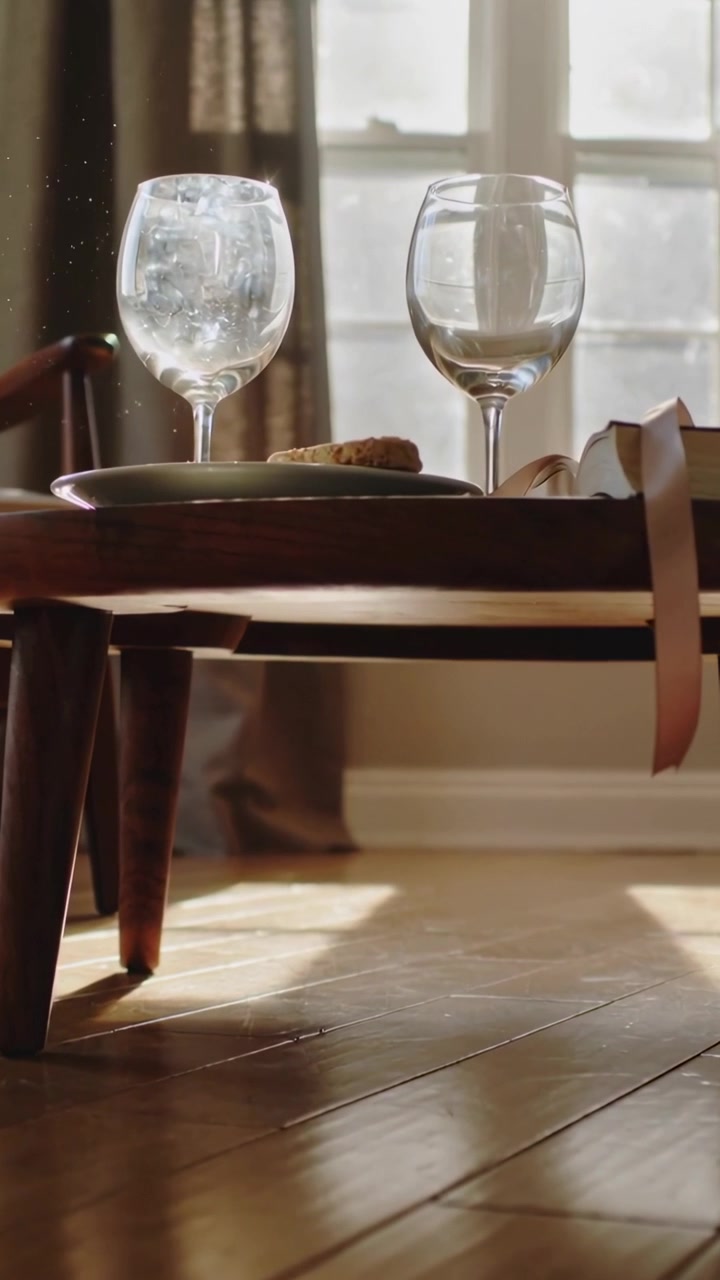 Vertical video: Rising camera revealing coffee table at window, showing two wine glasses and plate