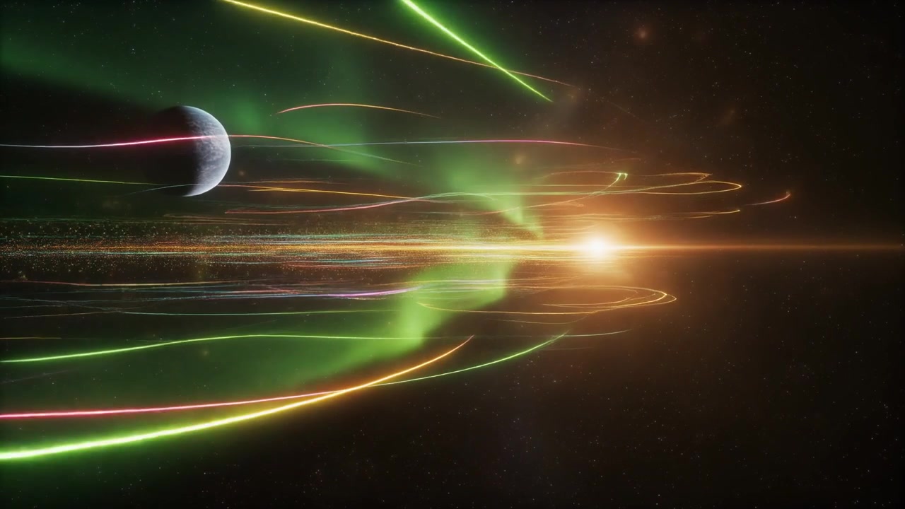 Abstract Space Scene with Glowing Planet and Light Trails