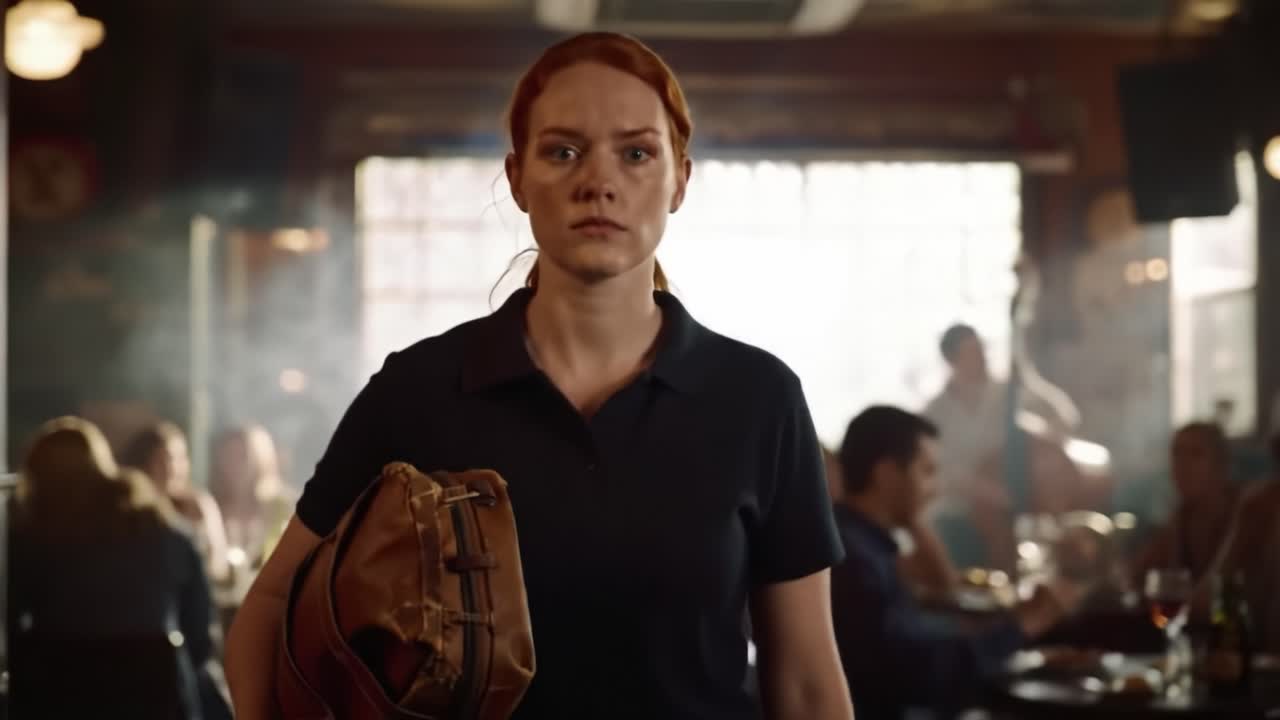 A young woman strides confidently into a bustling restaurant, holding a brown bag. The atmosphere is thick with tension and smoke, while patrons dine unaware of her presence.