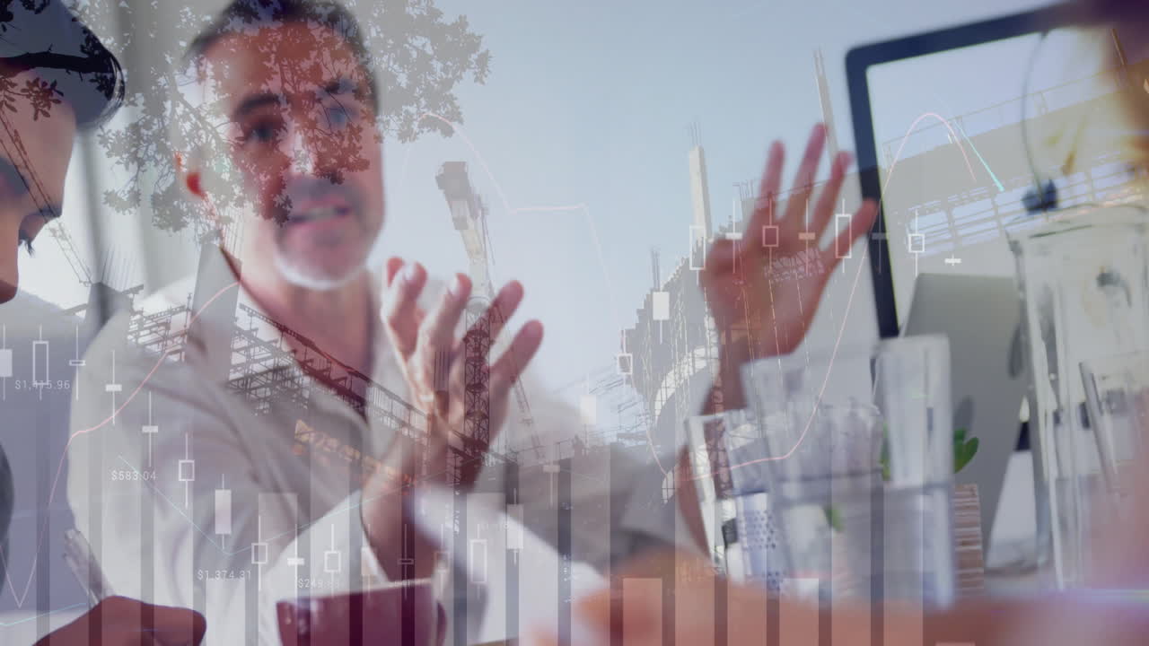 animación de datos del mercado de valores sobre reuniones de negocios con personas que discuten