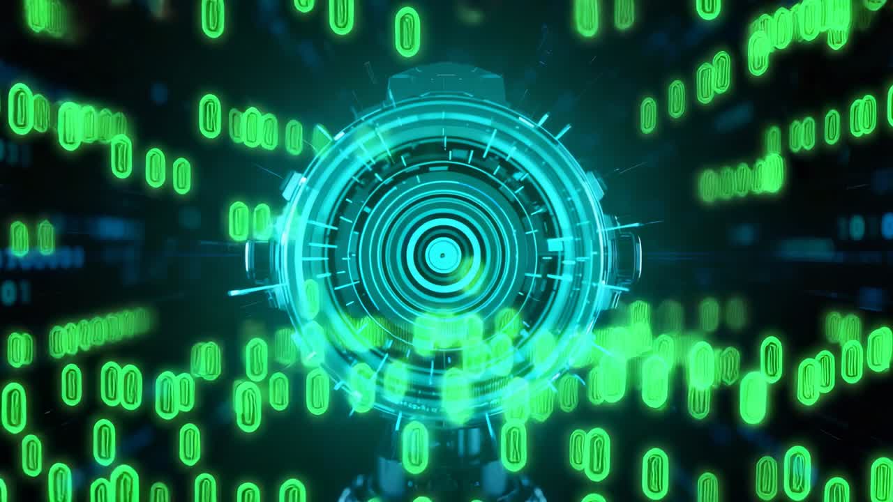 Powering on teal interface illuminating rings and rotating in void, with green bits, code fragments