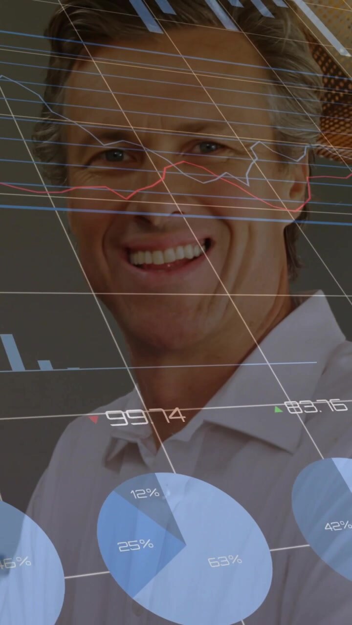 Vertical video: Grid emerging collar, unveiling man turning, smiling while charts moving for promo