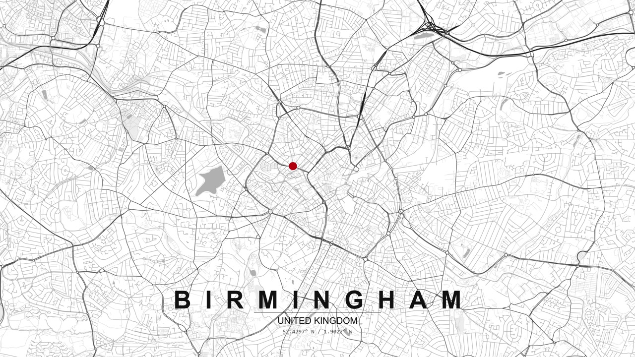 Monochrome map of Birmingham, United Kingdom showing detailed street grid and road network with a red location pin marking a point in the city.