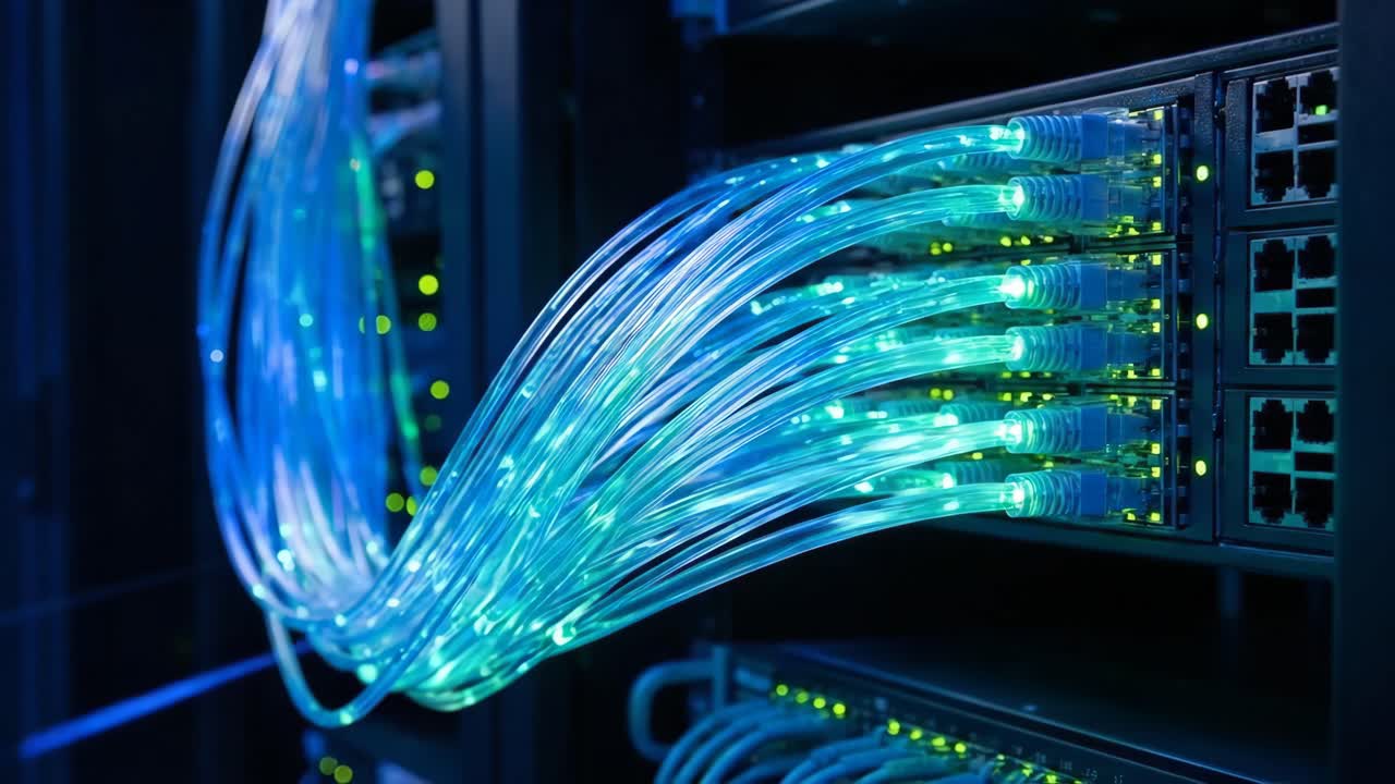 Close-up of Illuminated Network Cables in Data Center