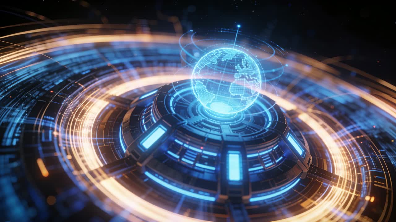 Powering up data hub projecting hologram globe over platform, rotating rings antenna probing data