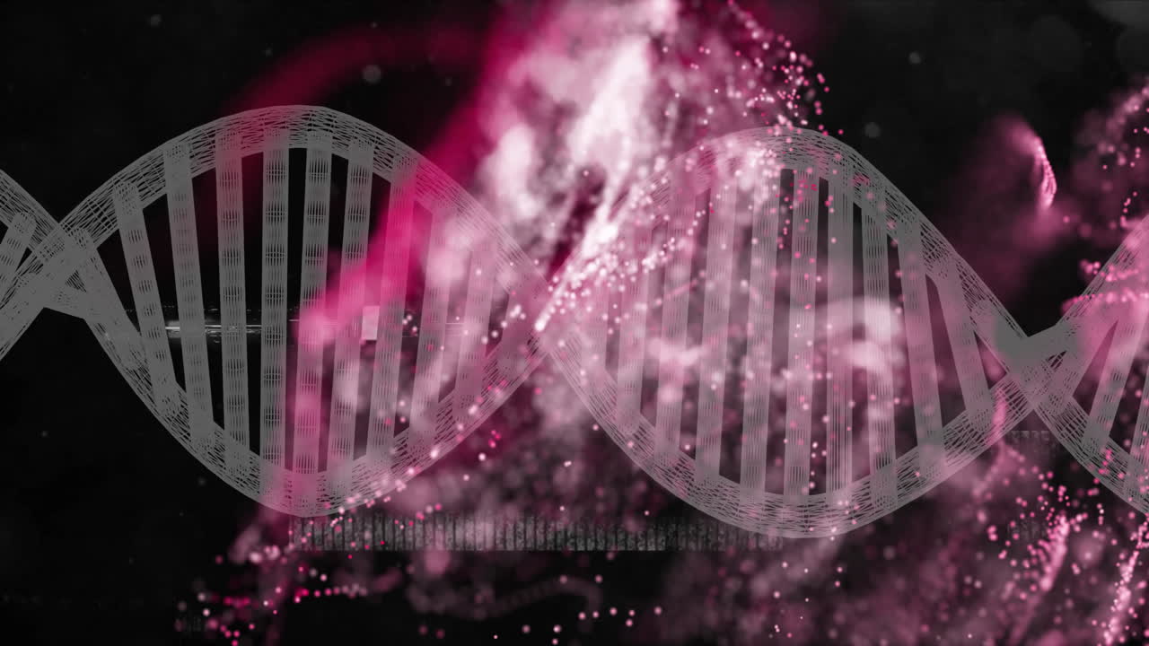 Animazione di filamento di DNA e particelle su sfondo rosa e nero