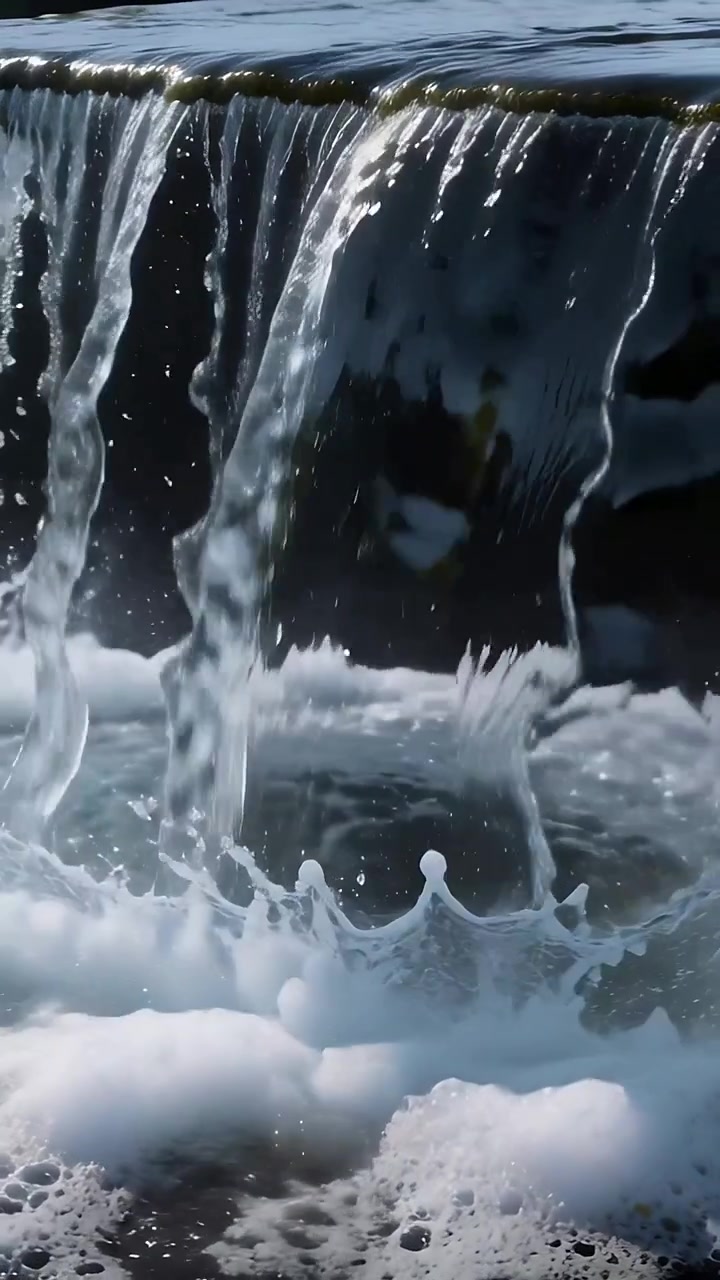 Video verticale: Flusso a monte che si riversa, spingendo una cascata d'acqua sopra una diga in una vasca, formando schiuma.