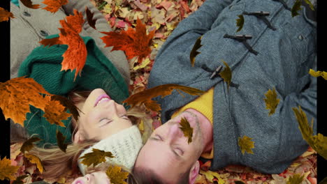 animation of fall leaves over caucasian family lying in park