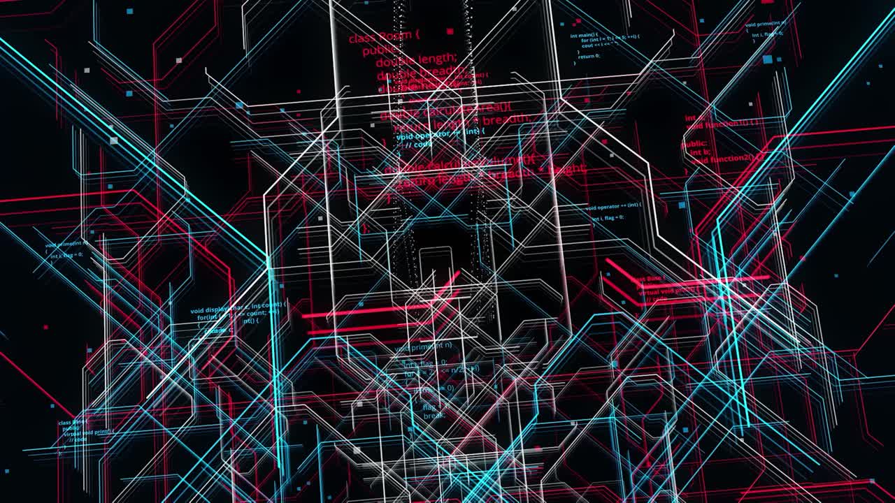 Abstract Cyberpunk Digital Art with Glowing Lines and Code