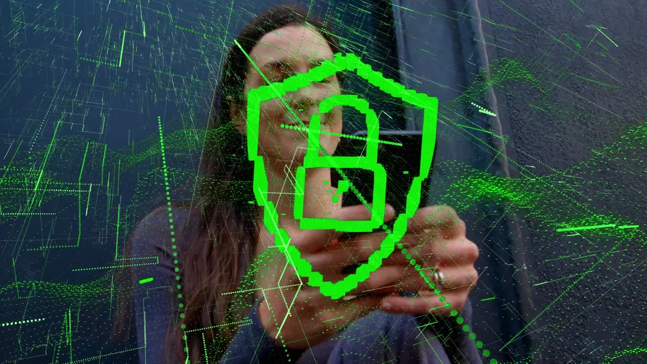 animación de candado digital y líneas sobre mujer caucásica feliz usando teléfono inteligente