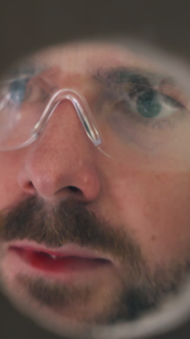 CU: concentrated young constructor in protective glasses repairs plug connected to wires extreme closeup through round hole