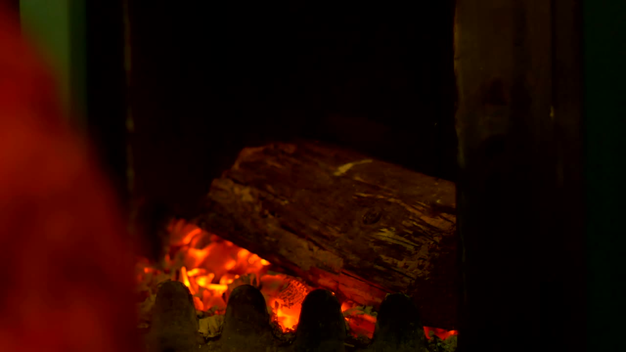 여자가 스토브에 나무를 넣습니다.