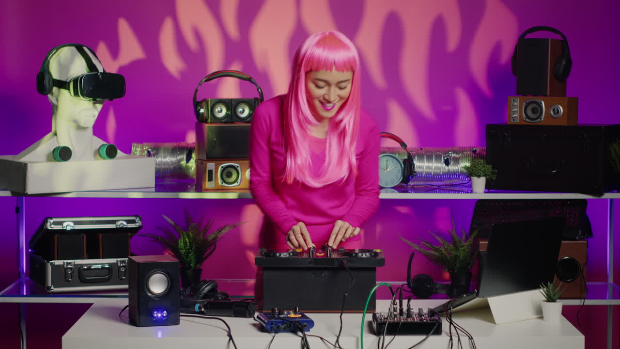 DJ performing music with a pink wig