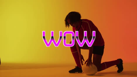 kneeling with ball, athlete in red uniform with bold wow animation text