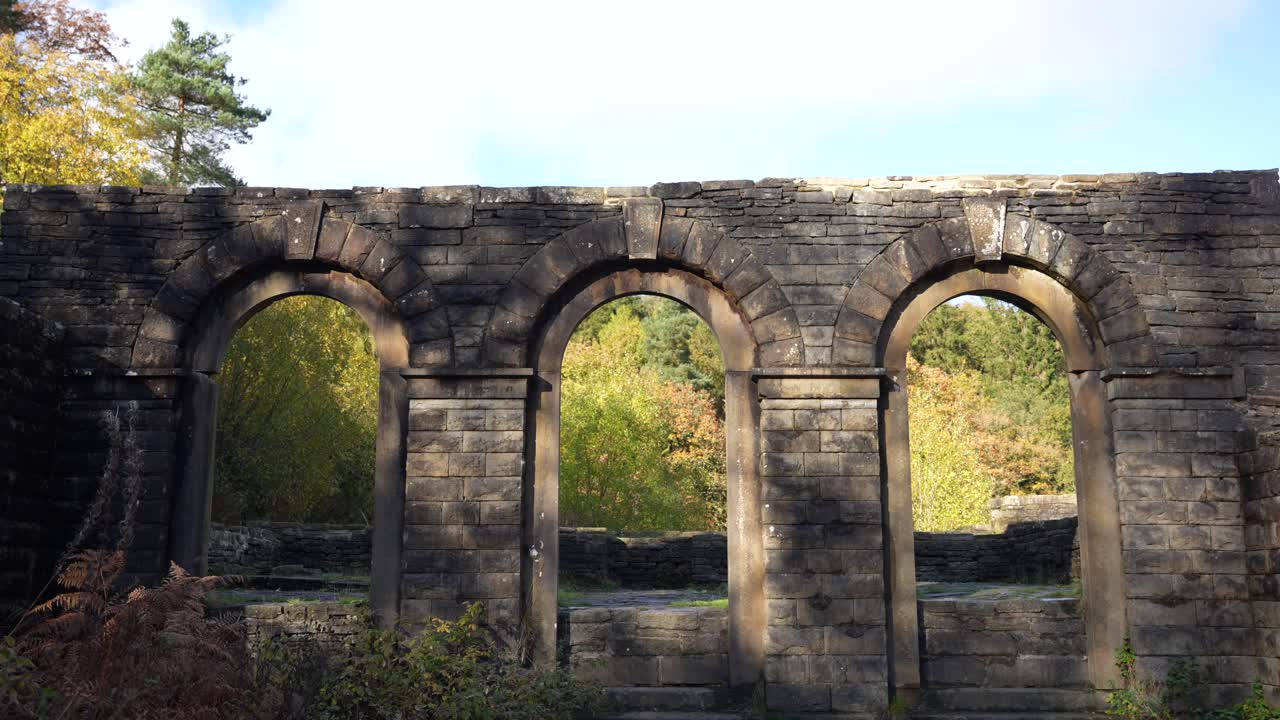 Crumbling ruins of Errwood Hall in Goyt Valley, historic Peak District estate