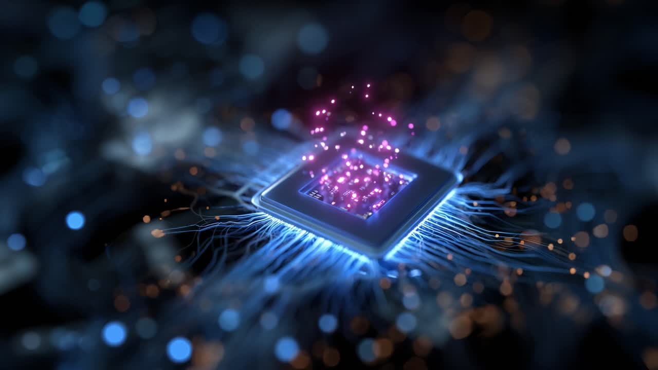 En futuristisk skildring av ett mikrochip omgiven av glödande partiklar och energi, som illustrerar avancerad teknik och digital uppkoppling i en levande atmosfär.