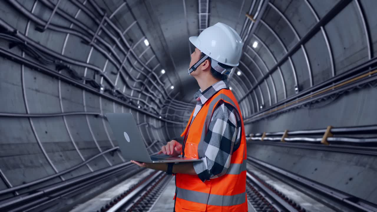 Side View Of Asian Male Engineer With Safety Helmet Working On A Laptop And Looking Around While Standing In Underground Subway Tunnel
