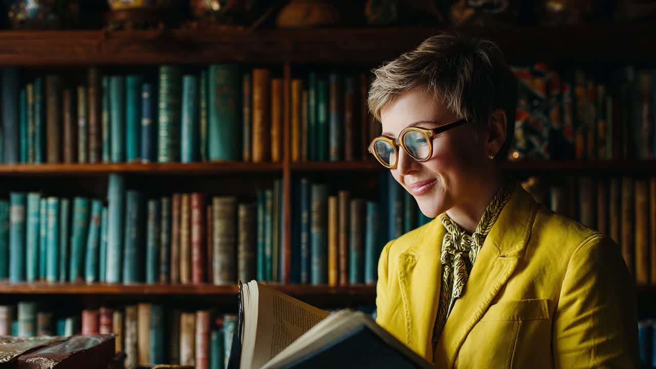 A Stylish Reader in a Cozy Library: Captivated by a Book Among Colorful Shelves and Antique Decor, Enjoying a Moment of Literary Escape and Inspiration