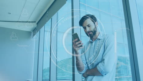 man using smartphone with digital interface animation over office window background