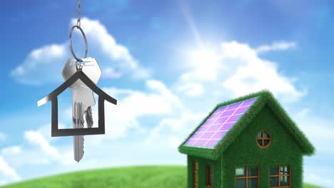 House-keys-and-key-fob-hanging-over-house-and-blue-sky-4k