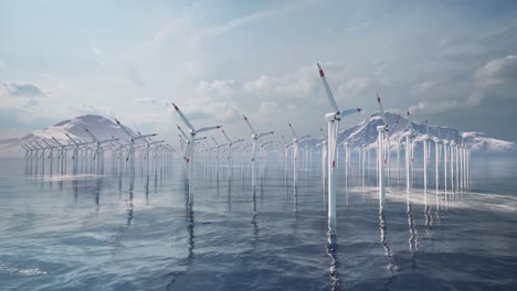 offshore wind turbines farm, wind turbines farm in the sea, with snowy mountains in the background, 3d animation, animated scene, camera zoom in slowly