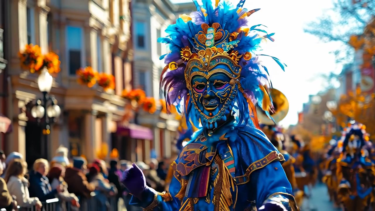 Şehir sokağında mavi karnaval maskesi takan gösterici. Maske ve tüylerle süslenmiş, gösterişli mavi ve altın rengi kostüm giymiş bir kişi festival geçit törenine katılıyor