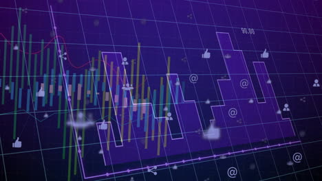 Stock-market-data-and-social-media-icons-animation-over-purple-grid-background