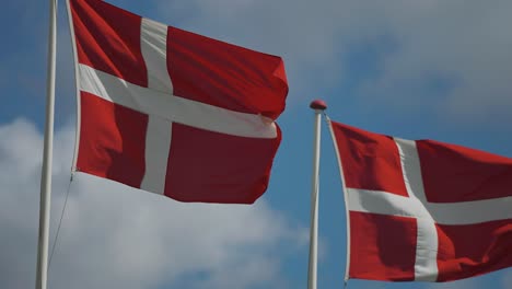 two danish flags flutter in the wind in the slow-motion video