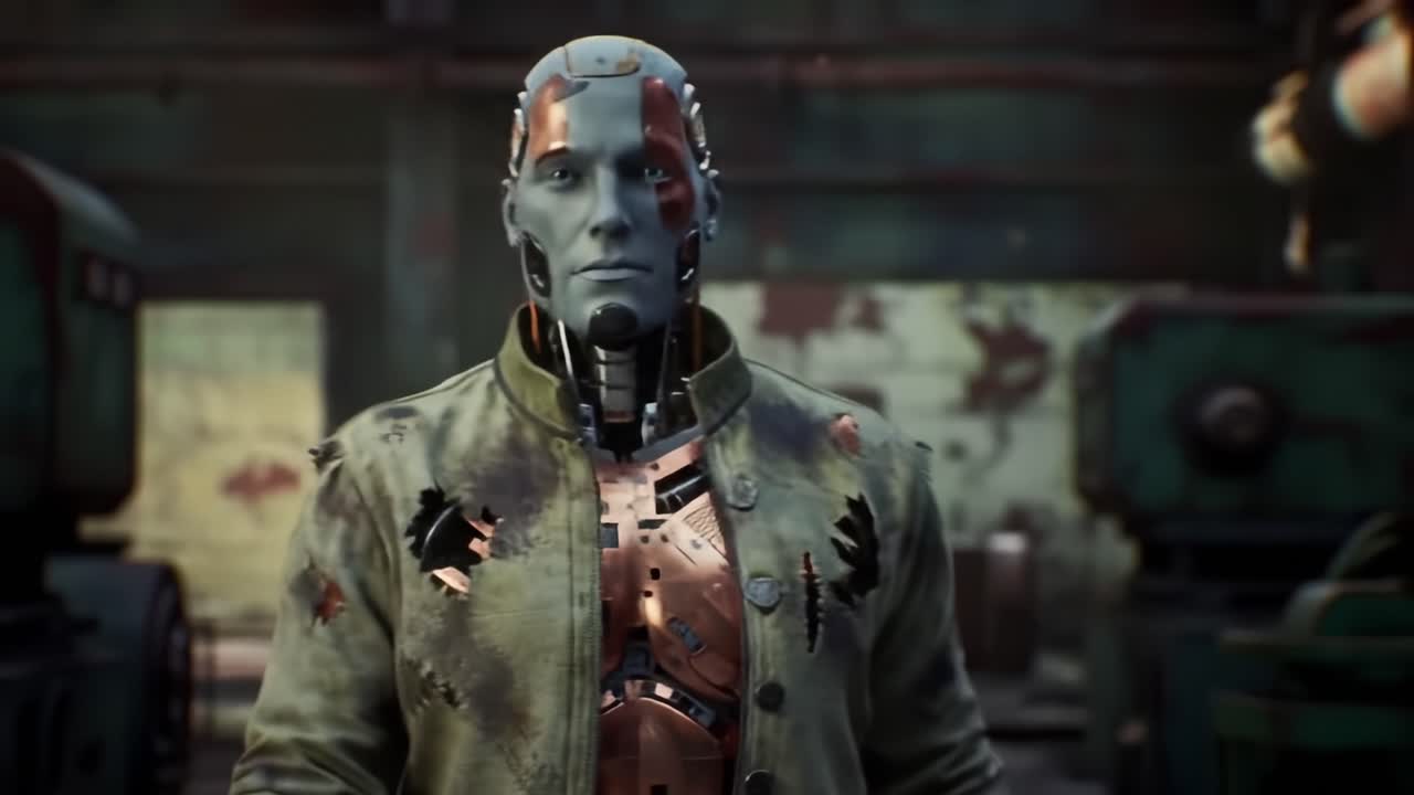 A Glimpse of a Futuristic Robot, Featuring Advanced Artificial Intelligence and Worn-Out Armor in a Dilapidated Industrial Environment