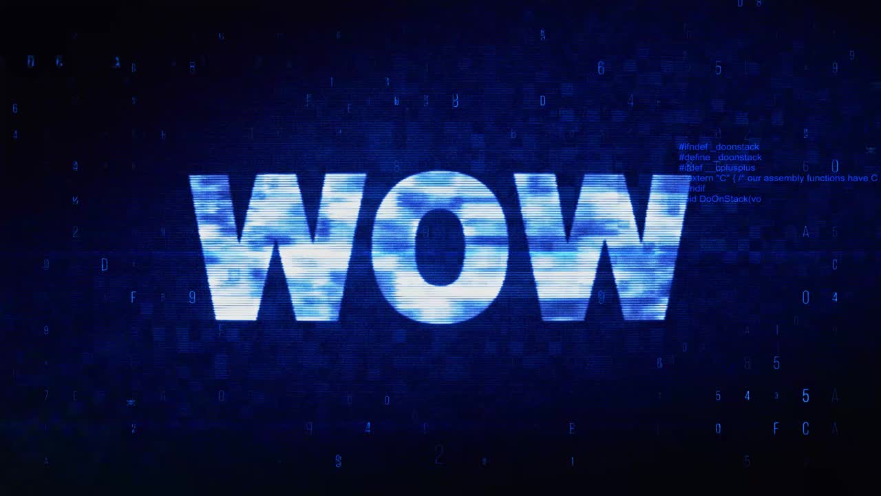 Wow text digital noise twitch and glitch effect tv screen loop animation background login and