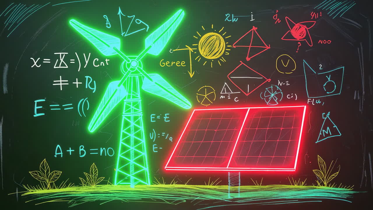 Illustrazione su Lavagna di Energia Rinnovabile e Concetti Scientifici con Bagliore al Neon