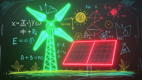 chalkboard illustration of renewable energy and scientific concepts with neon glow
