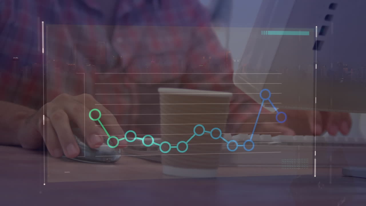 animación de procesamiento de datos estadísticos contra la sección media de un hombre usando una computadora portátil en la oficina