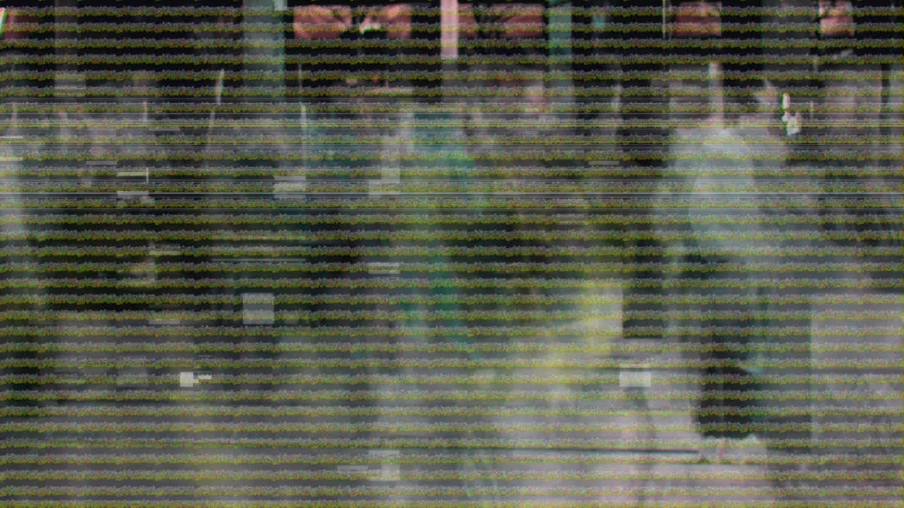 People walking fast with horizontal lines in the foreground