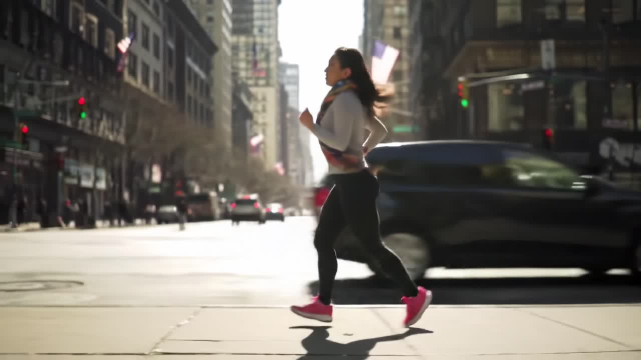 Urban Runner: Capturing the Energy and Motion of a Jogger Navigating a Bustling Downtown City Street in the Bright Afternoon Sunlight