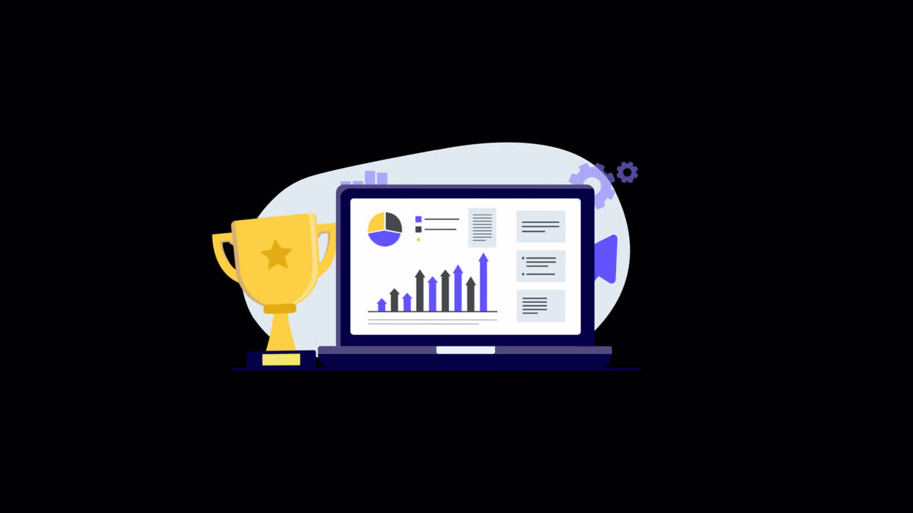 Animated Laptop Displaying Business Data and Growth with Trophy