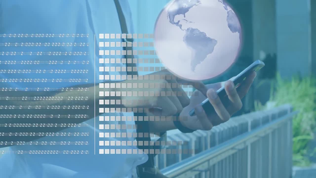 animación del globo y procesamiento de datos sobre un hombre de negocios que usa un teléfono inteligente