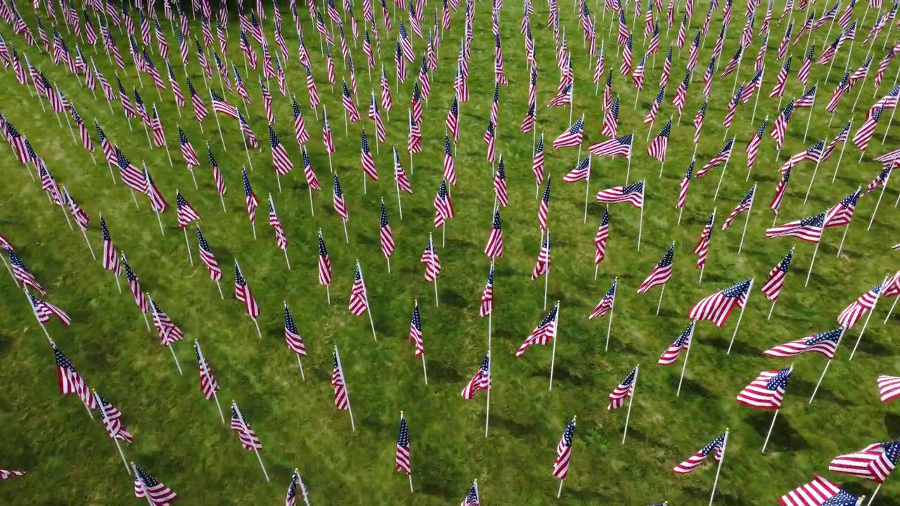Drone shot of field of American flags in field in Westerville, Ohio