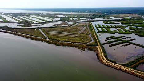 Panorama-of-marsh-ecosystem-at-Domaine-de-Graveyron-in-western-France,-Aerial-pan-right-wide-angle-view