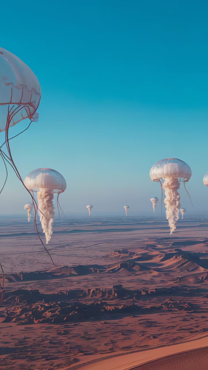 Vertical video: Panning camera revealing jellyfishlike creatures drifting over dunes with tentacles
