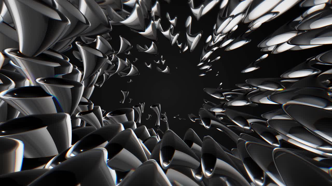 Abstract Metallic Shapes Pulsating on a Dark Background